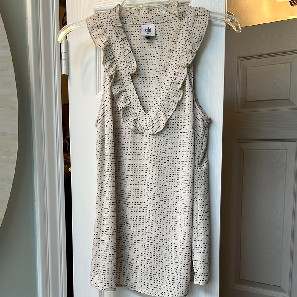 Cabi Cream With Black Dot Sleeveless Ruffle Top